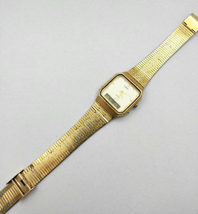 Casio AQ-525 Digital & Analog Quartz Watch with Gold Square Metal Band