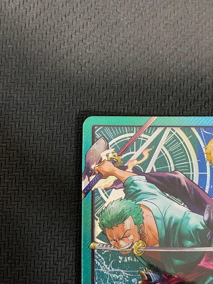 One Piece trading cards featuring Monkey D. Luffy ST14-001 and Zoro & Sanji ST12-001 pirate crew from Japan