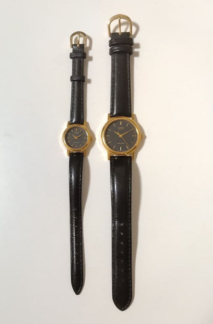 Casio MTP-1095 and LTP-1095 Pair Watches Set Black Leather and Steel Bands Japan Import