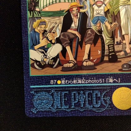 One Piece Carddass Visual Adventure card number 87 showing Shanks and Luffy going to sea Japan import