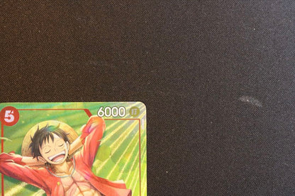 One Piece Monkey D. Luffy P-SR trading card ST21-014 in red color, Japanese edition, stored in protective sleeves
