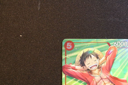 One Piece Monkey D. Luffy P-SR trading card ST21-014 in red color, Japanese edition, stored in protective sleeves