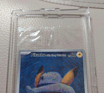 Bandai Pikachu promotional card SVP 085 with grey felt hat displayed in a dedicated frame