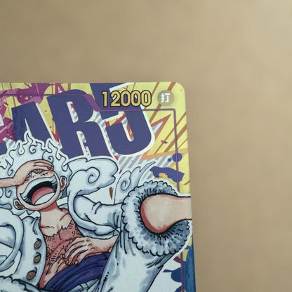One Piece Luffy Nika Secret Parallel trading card showing front artwork of Luffy with minor white stain on back top