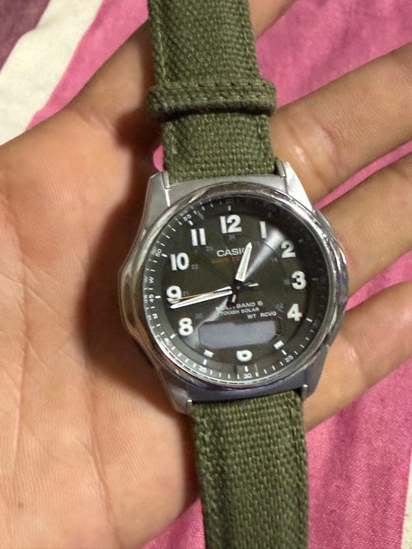 Casio Multiband 6 Series Green Canvas Strap Dark Gray Dial Watch — Japan Import