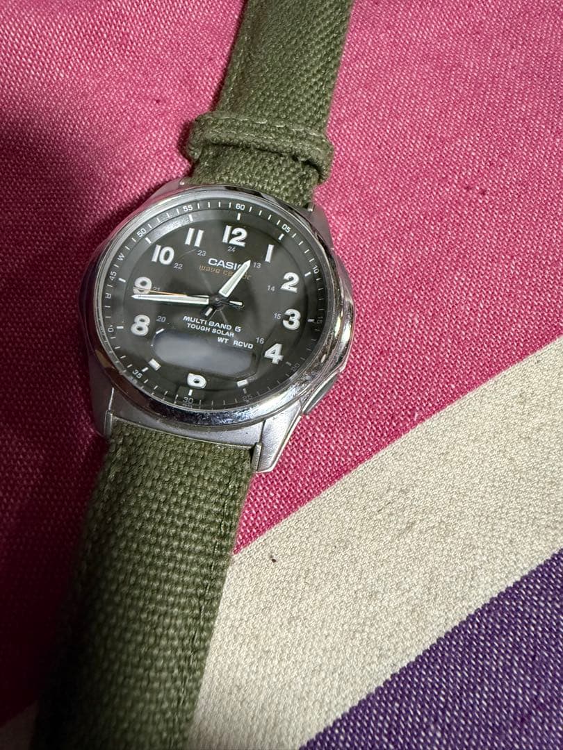 Casio Multiband 6 Series Green Canvas Strap Dark Gray Dial Watch — Japan Import