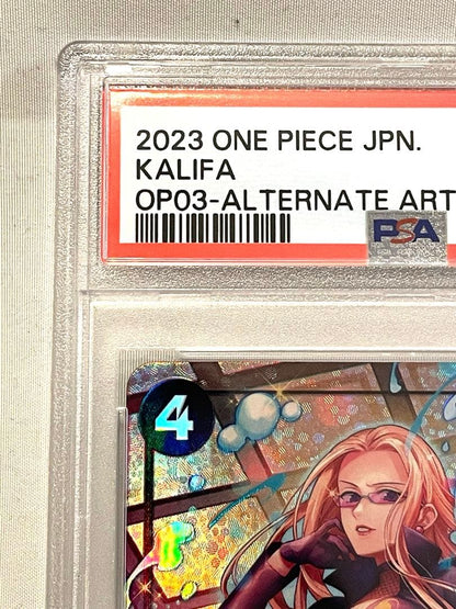 Kalifa OP03-081 Parallel Rare One Piece trading card graded PSA 10 with minor wear marks