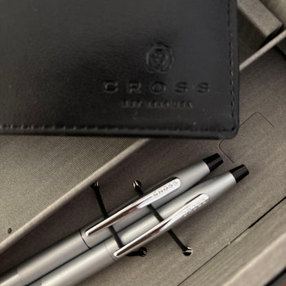 Cross Silver Ballpoint Pen Set with Leather Case Pair