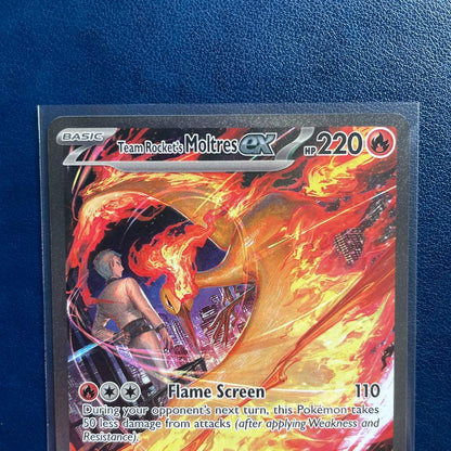Team Rocket's Moltres ex SAR Pokémon Card from Destined Rivals English Edition in protective sleeve