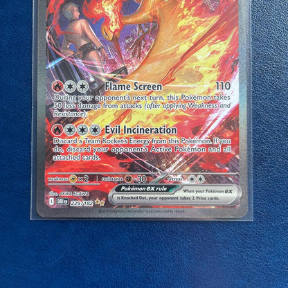 Team Rocket's Moltres ex SAR Pokémon Card from Destined Rivals English Edition in protective sleeve