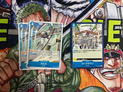 One Piece Card Game Blue Nami Deck and 3 bonus cards with black sleeves displayed