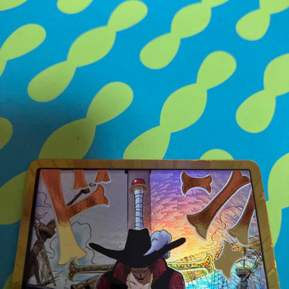 Gold hologram Don!! card featuring Jura Skull Mihawk from One Piece, Japan import