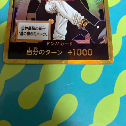 Gold hologram Don!! card featuring Jura Skull Mihawk from One Piece, Japan import