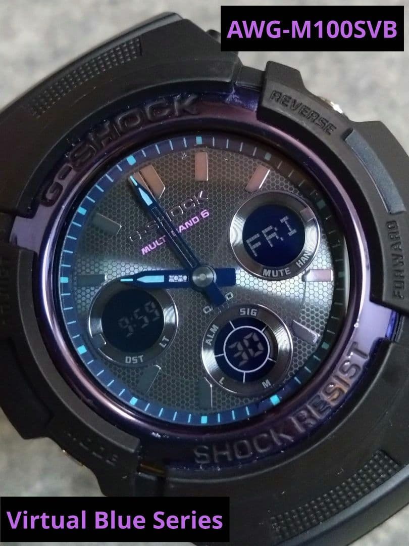 Casio G-Shock Virtual Blue Series AWG-M100SVB-1AJF Model with Solar Power and Black & Blue Violet Design — Japan Import