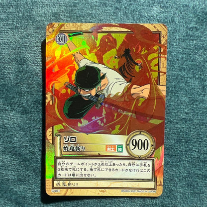 One Piece Card Das Hyber Battle Zoro C401 Yaki Oni Giri with visible damage and water exposure