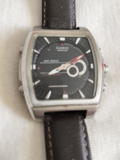 Casio Edifice Watch with Square Black Dial and Leather Strap — Japan Import