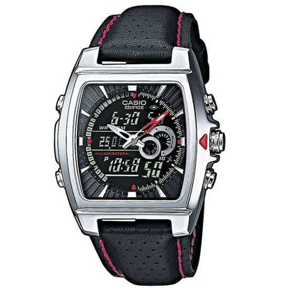 Casio Edifice Watch with Square Black Dial and Leather Strap — Japan Import