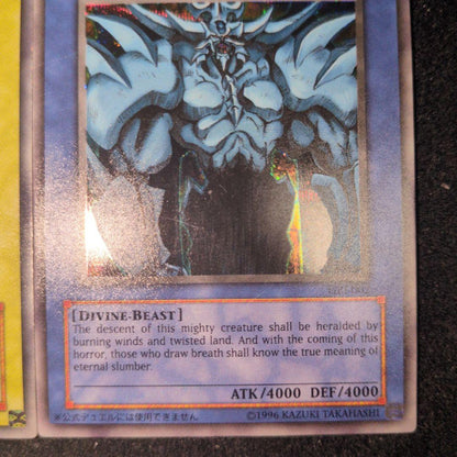 Bandai Yu-Gi-Oh GBI Secret Rare trading cards set featuring Osiris The Sky Dragon, Obelisk The Giant God Soldier, and Ra Winged Dragon of Ra