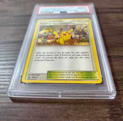 Bandai Champions Festival 2019 limited edition PSA10 promo card with Pikachu, Eevee, and Kotake from Portugal event