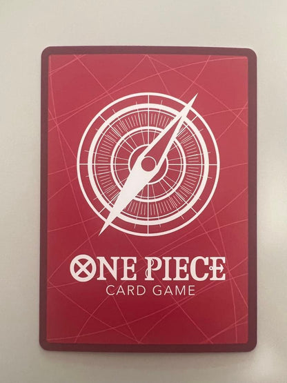 One Piece Luffy & Ace Leader Card from the card game, shown in a protective loader with rain protection