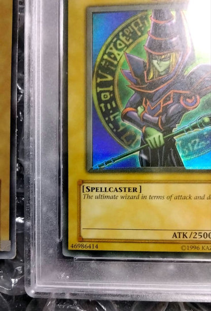 Bandai Yu-Gi-Oh Dark Magician LOB Error Faded Foil Shift PSA 9 single card with faded yellow color