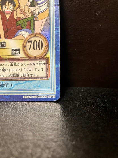 One Piece Carddass Hyper Battle S01 Luffy Pirate Crew Japanese collectible card with crease on right side