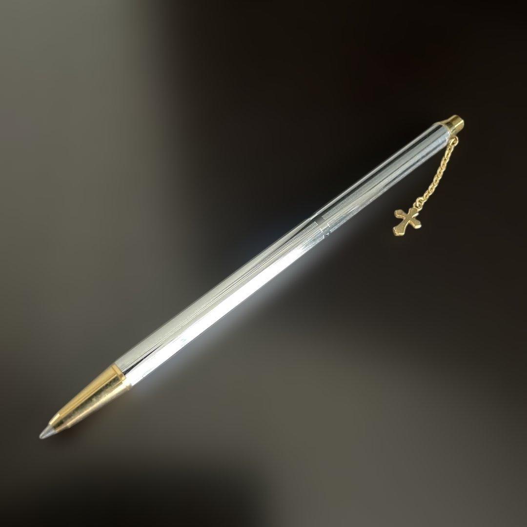 Pilot Showa silver ballpoint pen with gold cross decoration and gold-plated click mechanism