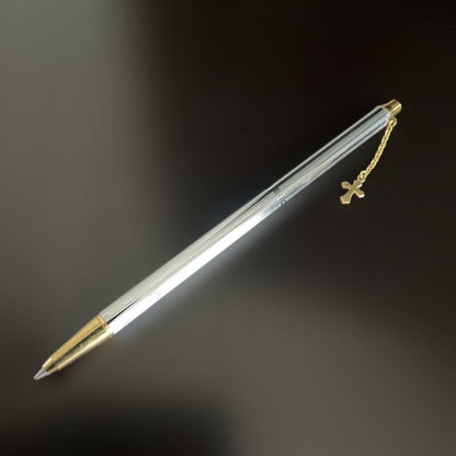 Pilot Showa silver ballpoint pen with gold cross decoration and gold-plated click mechanism