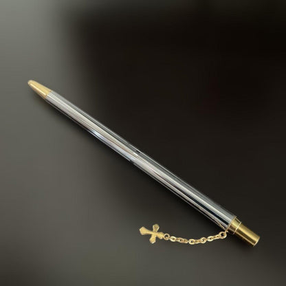 Pilot Showa silver ballpoint pen with gold cross decoration and gold-plated click mechanism