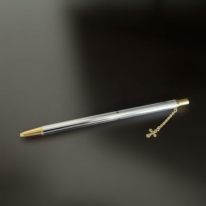 Pilot Showa silver ballpoint pen with gold cross decoration and gold-plated click mechanism