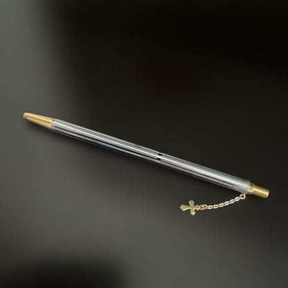 Pilot Showa silver ballpoint pen with gold cross decoration and gold-plated click mechanism