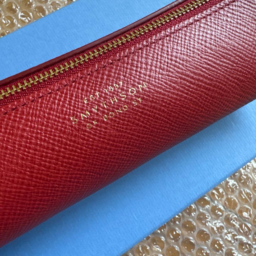 Smythson Panama Pencil Case in scarlet red cross-grain calf leather with original box from Italy
