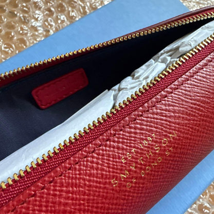Smythson Panama Pencil Case in scarlet red cross-grain calf leather with original box from Italy