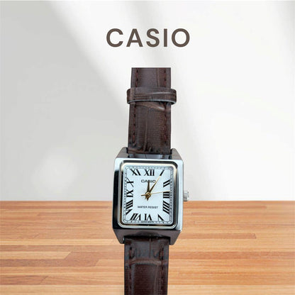 Casio Square Case Leather Strap Watch with Roman Numerals