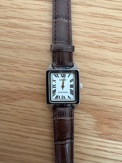 Casio Square Case Leather Strap Watch with Roman Numerals