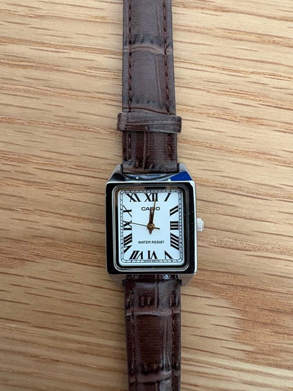 Casio Square Case Leather Strap Watch with Roman Numerals