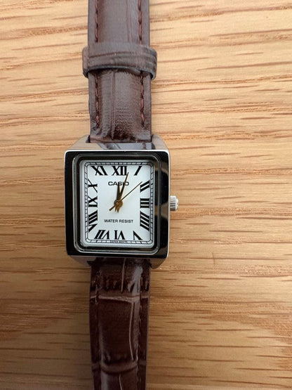 Casio Square Case Leather Strap Watch with Roman Numerals
