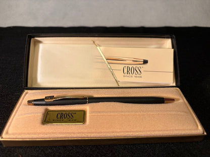 Cross Fujitsu Novelty black ballpoint pen with gold accents and Fujitsu logo plate in gift box