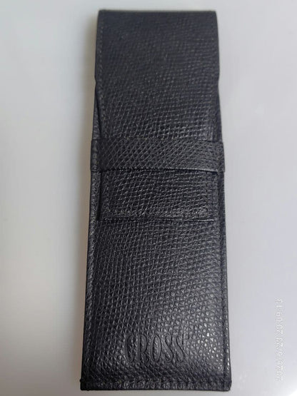 Black genuine leather Cross pen case with flap closure and embossed logo, slim profile business accessory