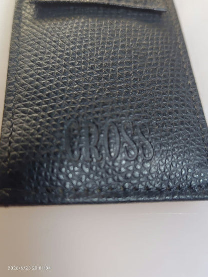 Black genuine leather Cross pen case with flap closure and embossed logo, slim profile business accessory