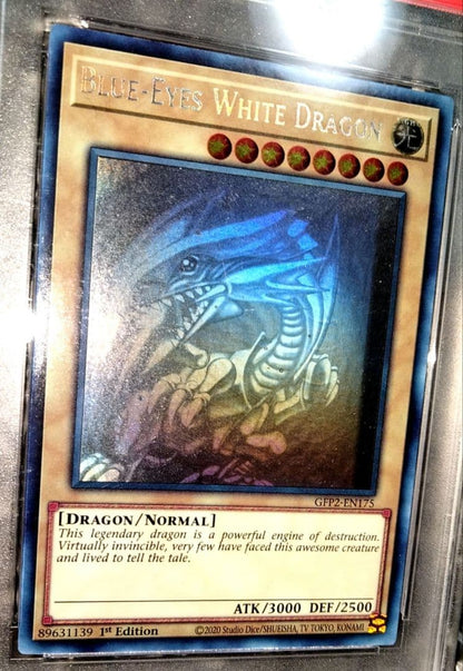 Blue-Eyes White Dragon GFTP English Error Card PSA8 with blacked-out artwork edge and shifted print