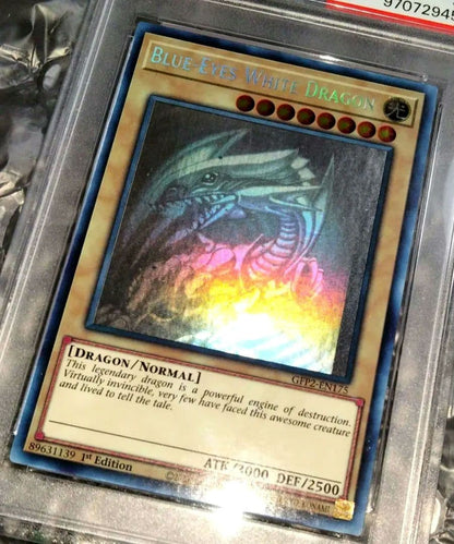 Blue-Eyes White Dragon GFTP English Error Card PSA8 with blacked-out artwork edge and shifted print