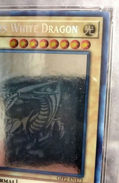 Blue-Eyes White Dragon GFTP English Error Card PSA8 with blacked-out artwork edge and shifted print