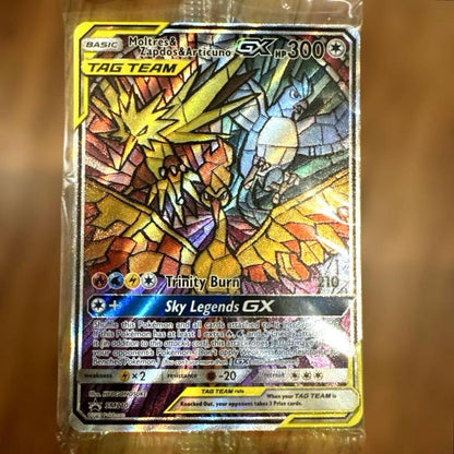 Taito Moltres & Zapdos & Articuno GX Tag Team Card SM210 sealed in original packaging with display