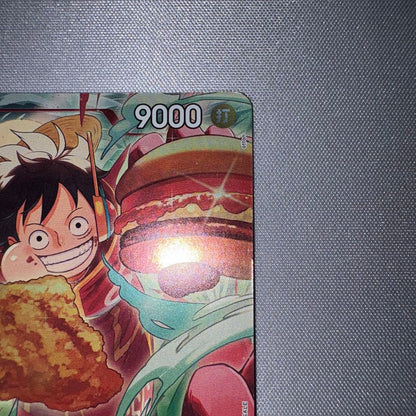Monkey D. Luffy One Piece promotional card from Mos Burger collaboration stored in sleeve and coin case
