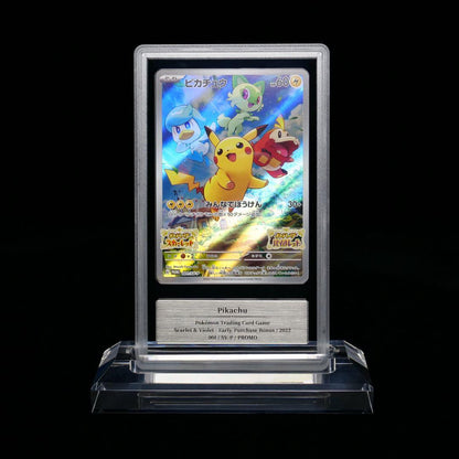 Gemix Tamago PSA10 Gold Pikachu 001/SV-P Pokemon trading card in protective display case