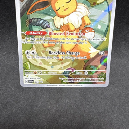 Pokemon Eevee SVPEN 173 promotional card with Boosted Evolution ability, 50 HP, illustrated by Makura Tami