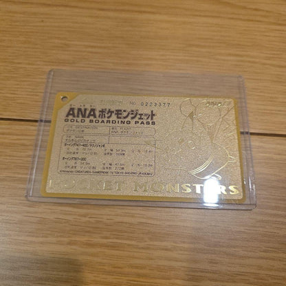 Limited edition ANA Pokemon Jet 1998 gold boarding pass featuring Pikachu with serial number 0223377