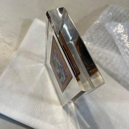 Yugioh Sakuretsu Armor White Mage card embedded in crystal trophy awarded to top tournament winner