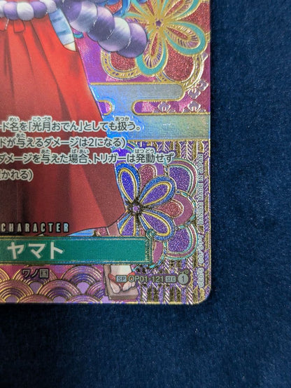 One Piece Card Game Yamato SP OP01-121 Parallel card with faint line scratch on back, shown in protective sleeve